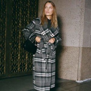 NWT Abercrombie Wool Belted Blanket Coat Gray Plaid Oversized Fit Size XXSP